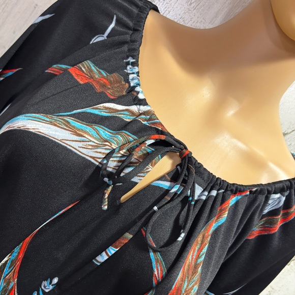 Vintage Feather Print Belted Polyester Long Sleeve Shift Dress - Picture 2 of 7